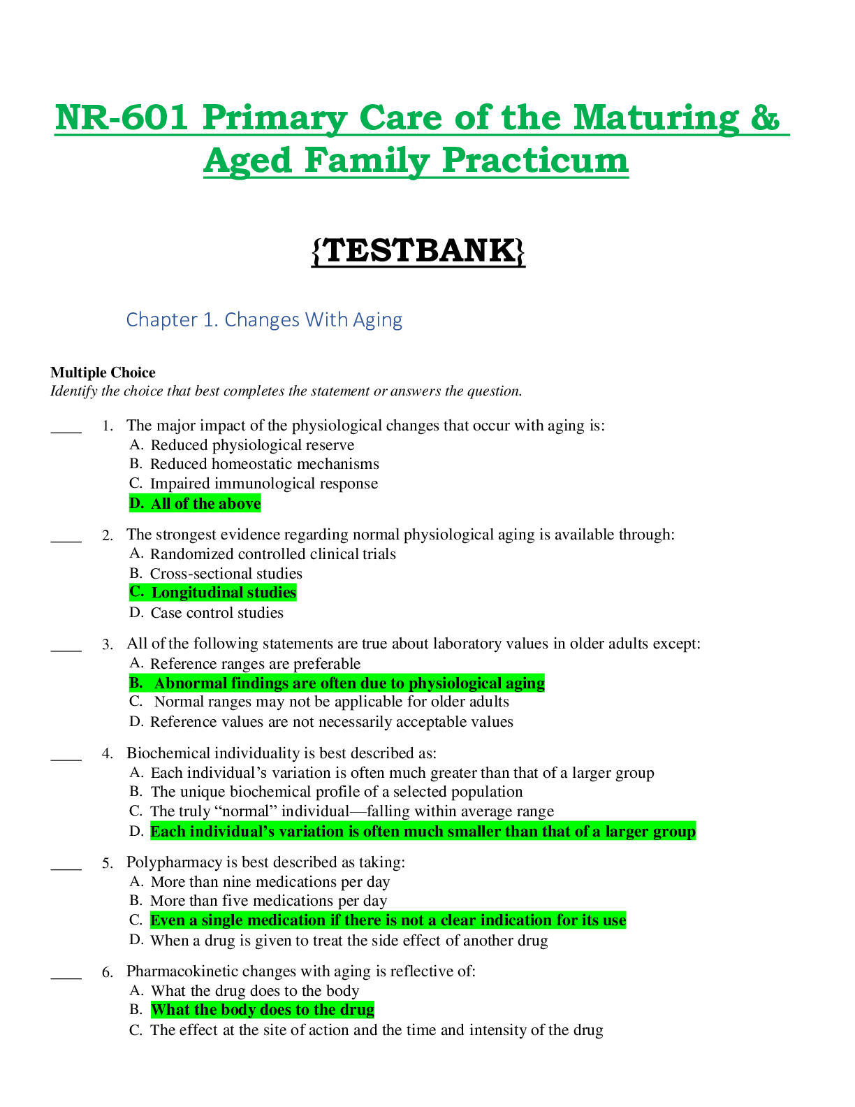 Recommended document preview for Advanced Practice Nursing in the care of Older Adults / Edition 2 TESTBANK - Kennedy Malone NR601. Complete 2020/2021 STUDY GUIDE